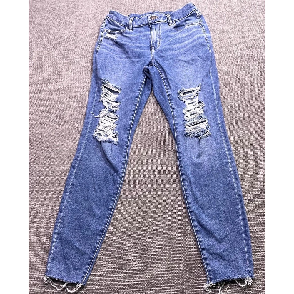 American Eagle Next Level Stretch Skinny Jeans Womens 6 Blue Distressed Raw Hem